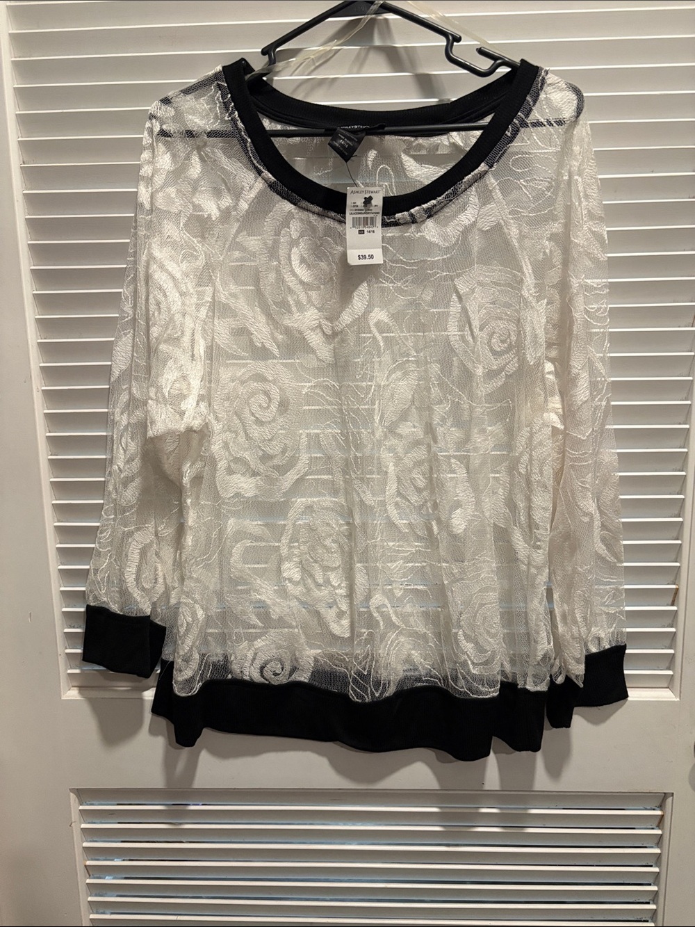 Ashley Stewart White Sheer Floral Lace Top with Black Trim
